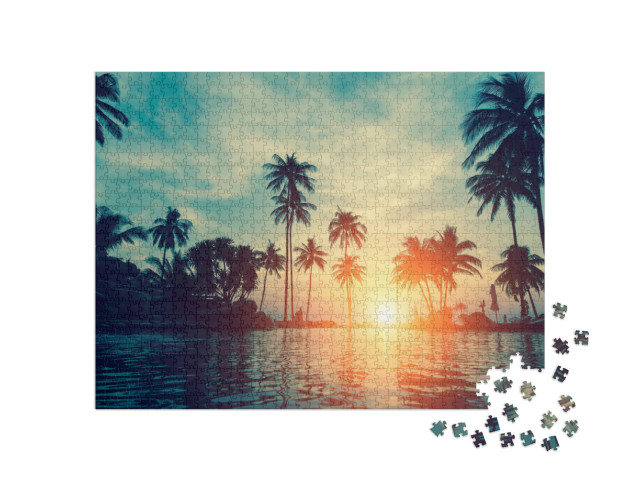 Puzzle 1000 Teile „Wunderschöner Sonnenuntergang über Palmen“