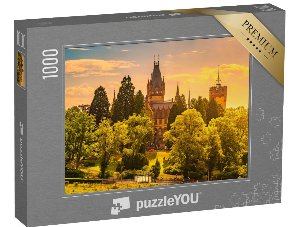 Puzzle 1000 Teile „Malerischer Sonnenuntergang am Schloss Drachenburg, Königswinter am Rhein“