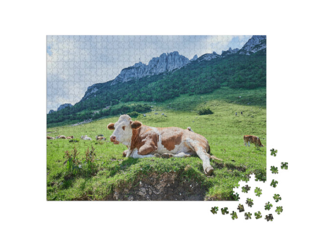 Puzzle 1000 Teile „Kuh vor der Kampenwand, Bayern, Deutschland“