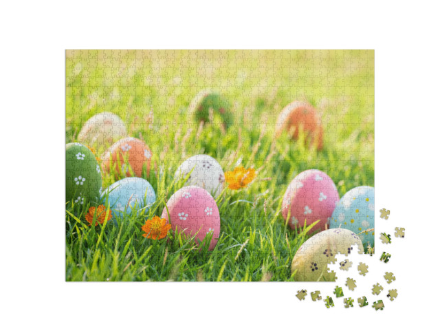 Puzzle 1000 Teile „Bunt bemalte Ostereier im Gras“