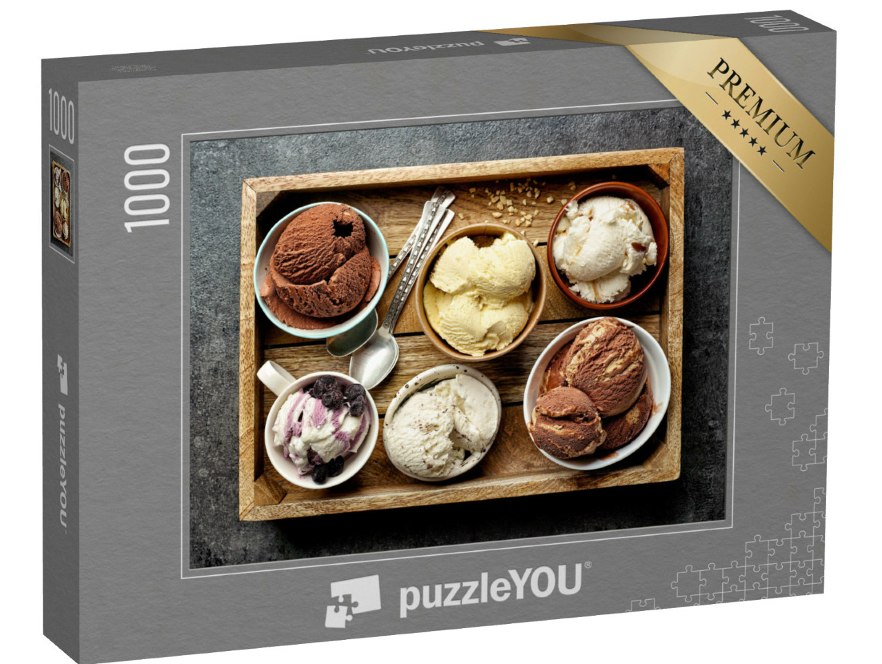 Puzzle 1000 Teile „Verschiedenen Eissorten, servierfertig auf einem Tablett“