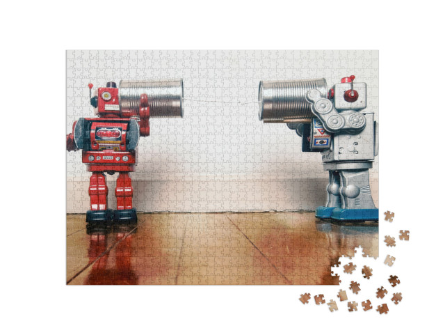 Puzzle 1000 Teile „Retro-Roboter im Gespräch am Dosentelefon“