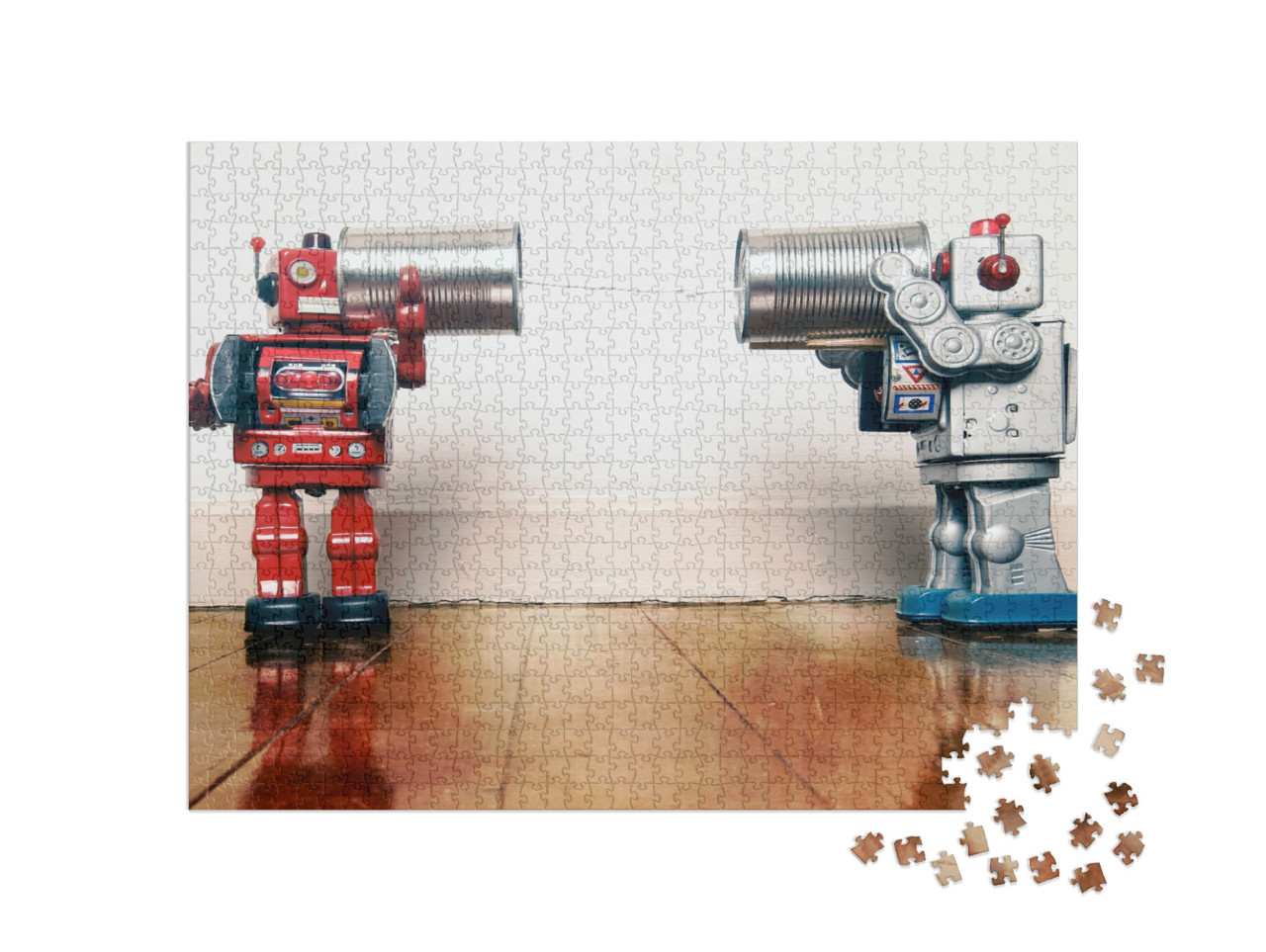 Puzzle 1000 Teile „Retro-Roboter im Gespräch am Dosentelefon“