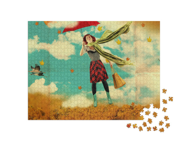 Puzzle 1000 Teile „Retro-Postkarte mit einer jungen Frau“