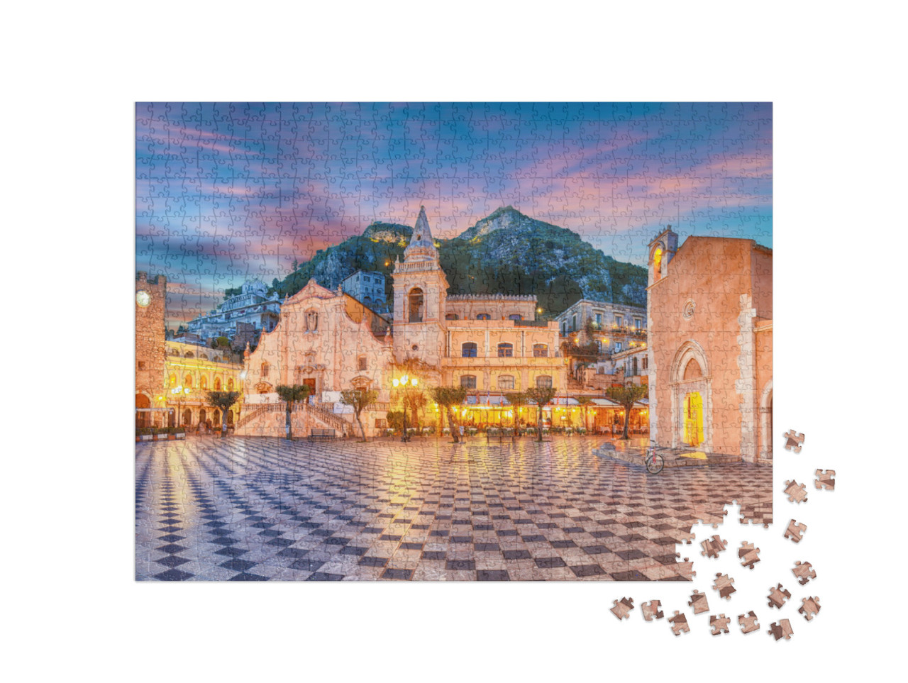Puzzle 1000 Teile „Belvedere von Taormina und Kirche San Giuseppe, Sizilien, Italien“