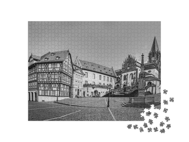 Puzzle 1000 Teile „Stiftsbasilika in Aschaffenburg, Deutschland, schwarz-weiß“