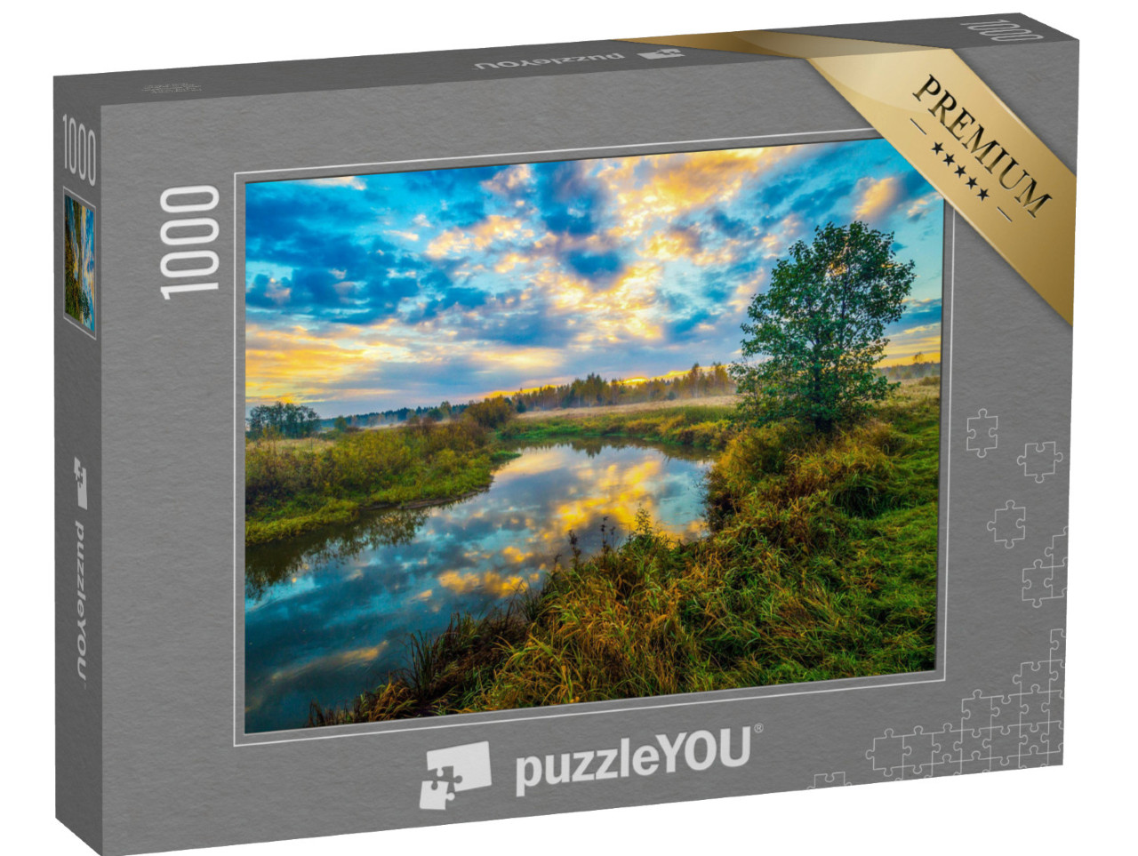 Puzzle 1000 Teile „Sonnenuntergang am Fluss in unberührter Natur“