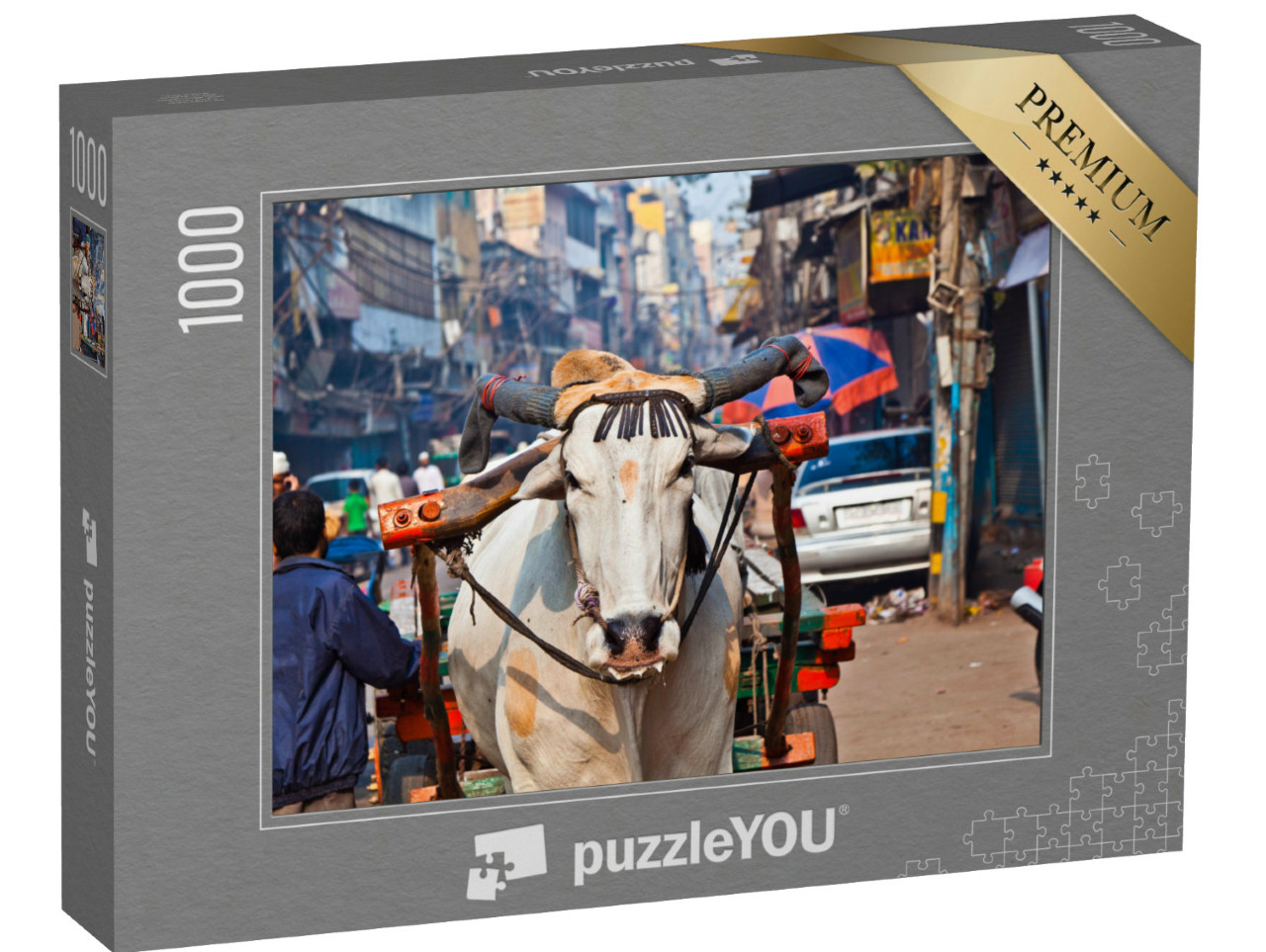 Puzzle 1000 Teile „Ochsenkarren-Transport am frühen Morgen in Alt-Delhi, Indien“