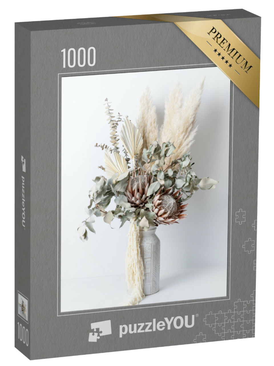 Puzzle 1000 Teile „Trockenblumenarrangement in einer stilvollen rosa Vase“