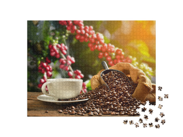 Puzzle 1000 Teile „Dampfende Tasse Kaffee mit Kaffeebohnen “