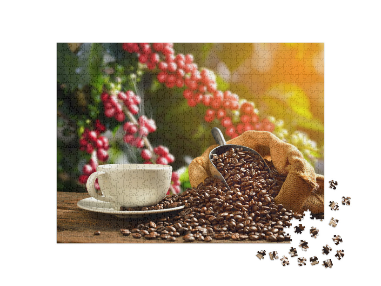 Puzzle 1000 Teile „Dampfende Tasse Kaffee mit Kaffeebohnen “