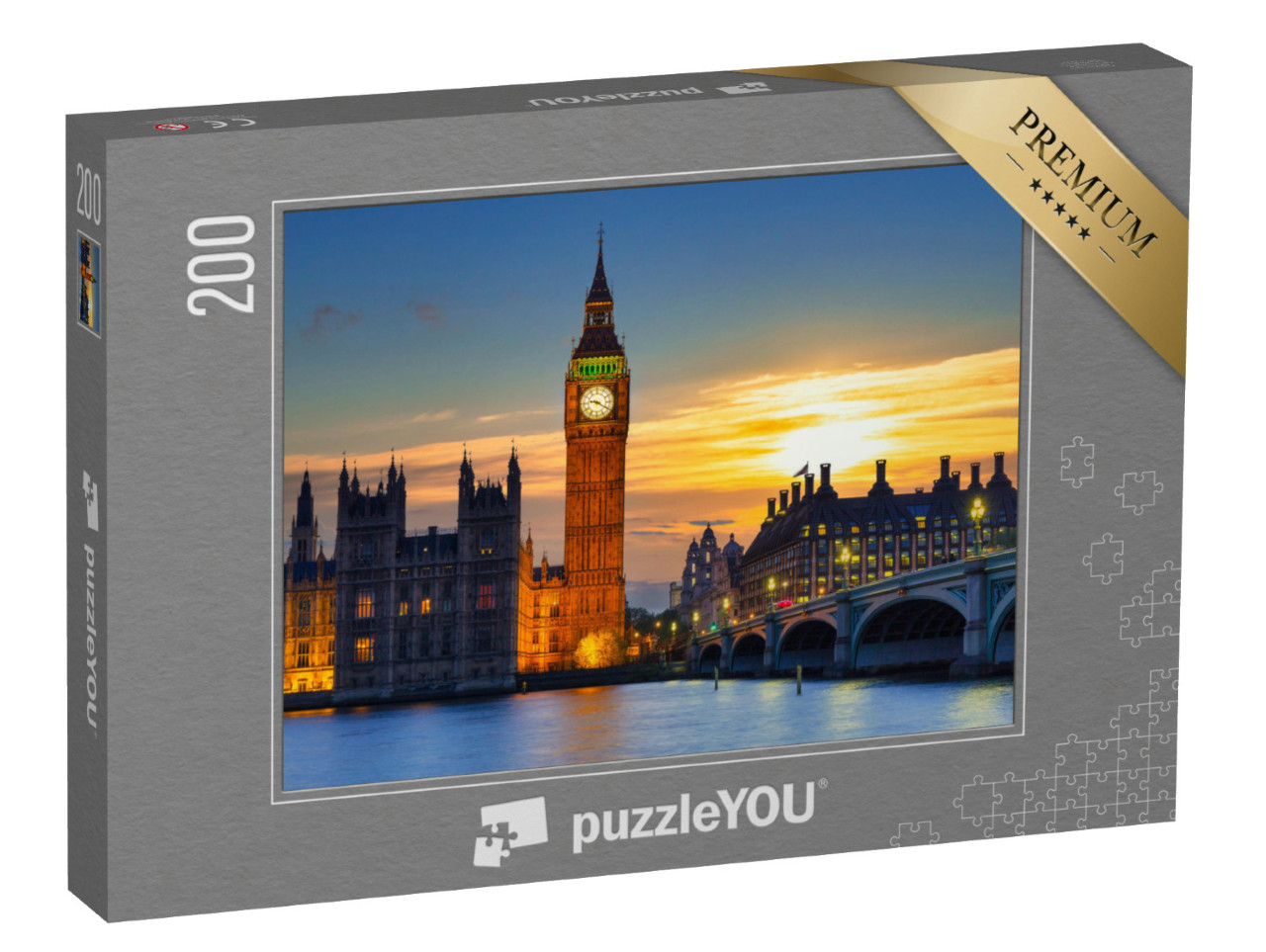 Puzzle 200 Teile „Big Ben und Westminster Bridge im Sonnenuntergang, London“