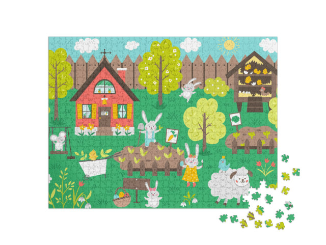 Puzzle 1000 Teile „Ein Garten voller Osterhasen, Schafen und Küken“