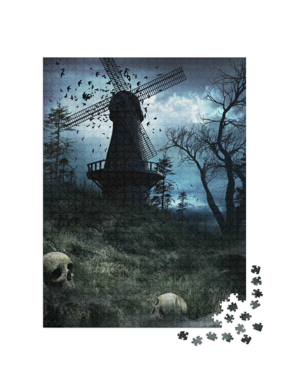 Puzzle 1000 Teile „Dunkle Windmühle mit Vögeln und Totenköpfen“