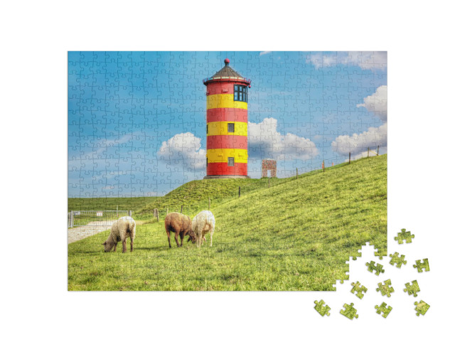 Puzzle 500 Teile „Schafe vor dem Pilsumer Leuchtturm an der deutschen Nordseeküste“