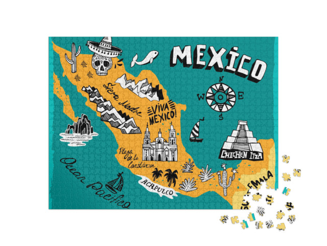 Puzzle 1000 Teile „Illustrierte Karte von Mexiko mit den wichtigsten Sehenswürdigkeiten“