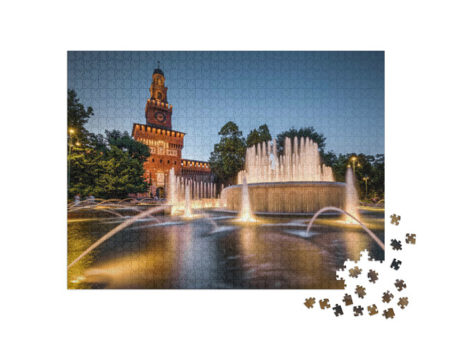 Puzzle 1000 Teile „Castello Sforzesco mit abendlich beleuchtetem Brunnen, Mailand, Italien“