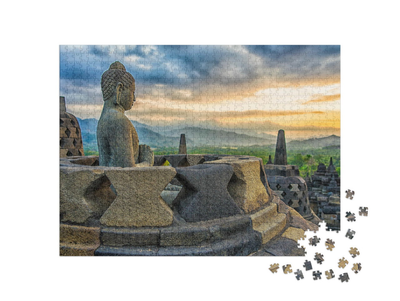 Puzzle 1000 Teile „Borobudur-Tempel bei Sonnenuntergang, Java, Indonesien“