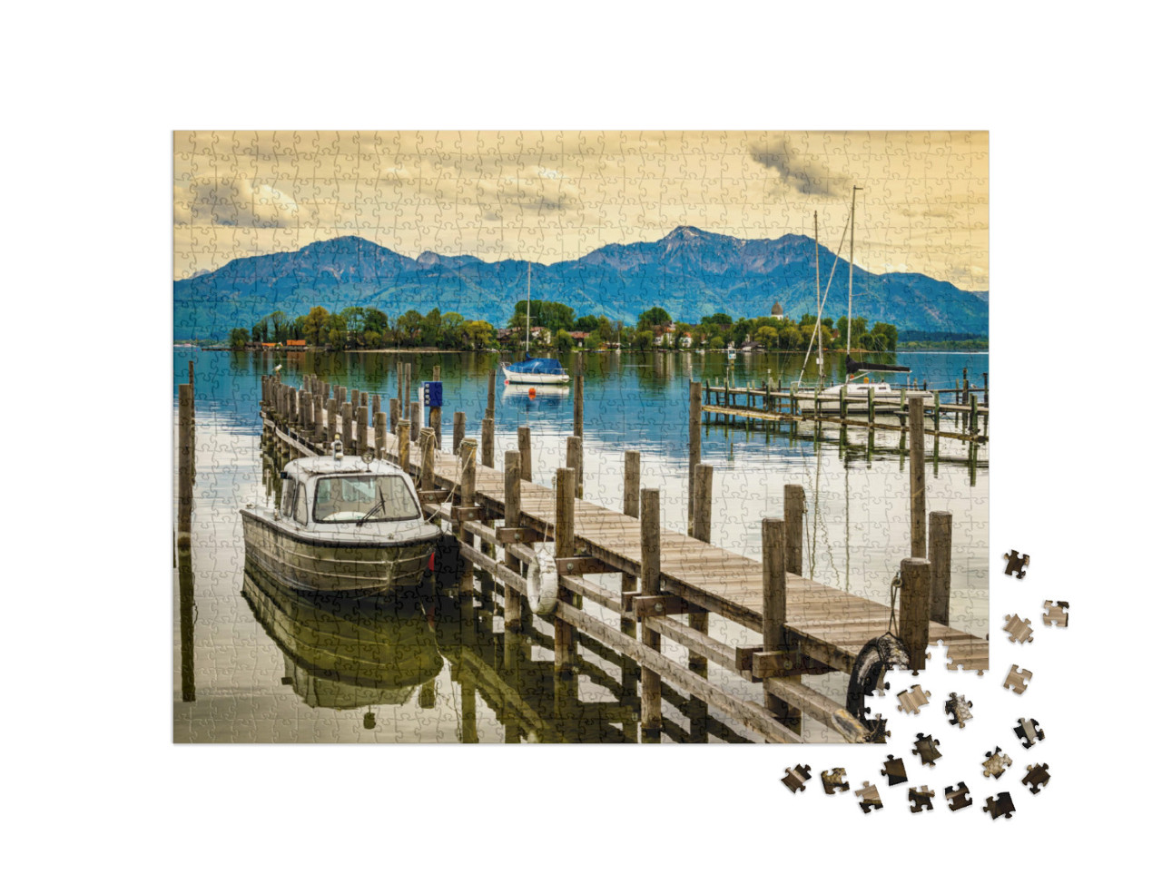 Puzzle 1000 Teile „Bootssteg am Chiemsee bei Gstadt, Deuschland“