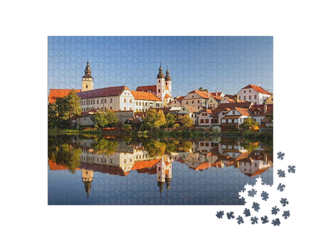 Puzzle 1000 Teile „Blick auf Telc über den Teich mit Reflexionen, Südmähren, Tschechische Republik“