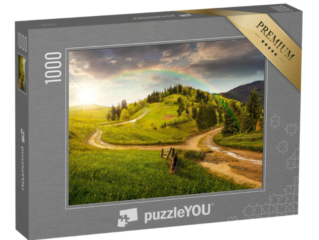 Puzzle 1000 Teile „Wunderschöne grüne Hügellandschaft mit Regenboen“