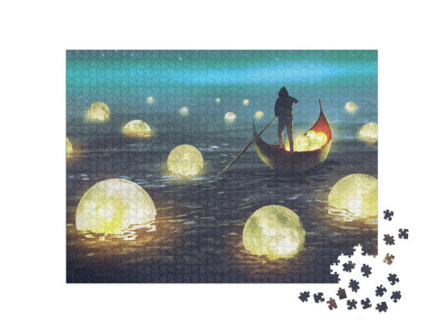 Puzzle 1000 Teile „Boot zwischen vielen leuchtenden Monden, Illustrationsmalerei“