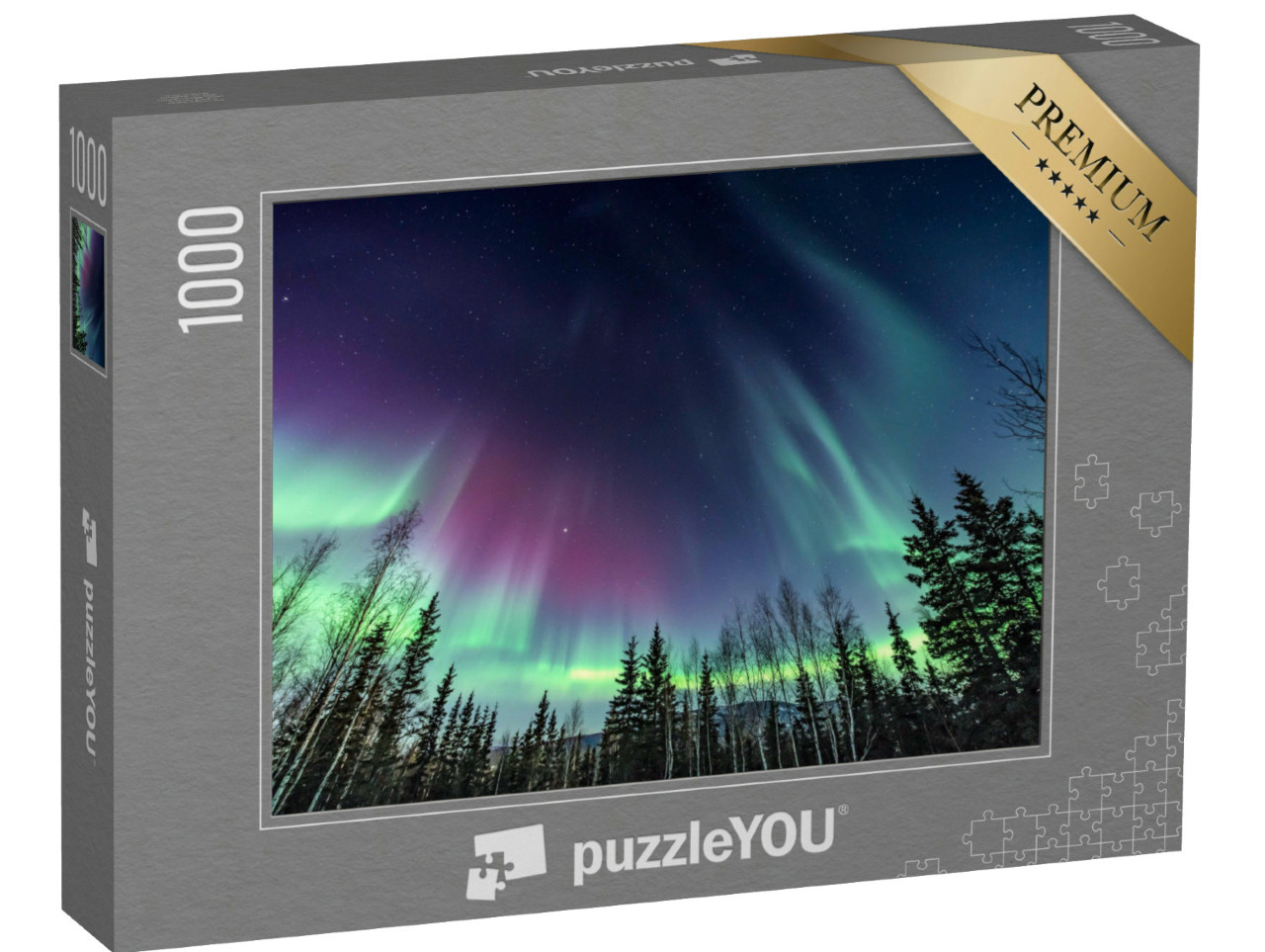 Puzzle 1000 Teile „Lila und grüne Nordlichter wirbeln über Kiefern“
