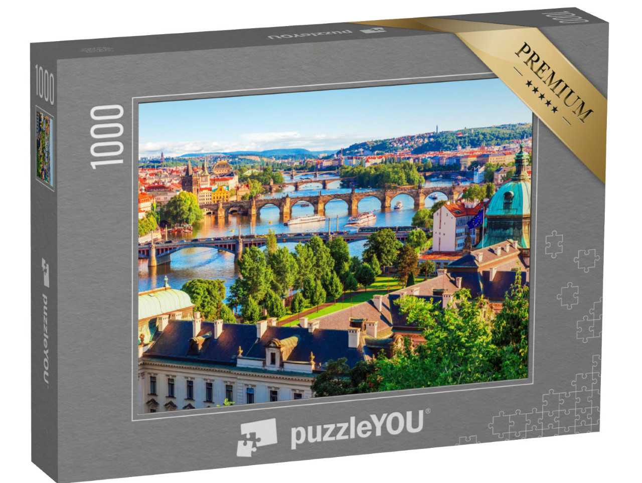 Puzzle 1000 Teile „Sonnenuntergang in Prag: Altstadt mit Karlsbrücke und Moldau“