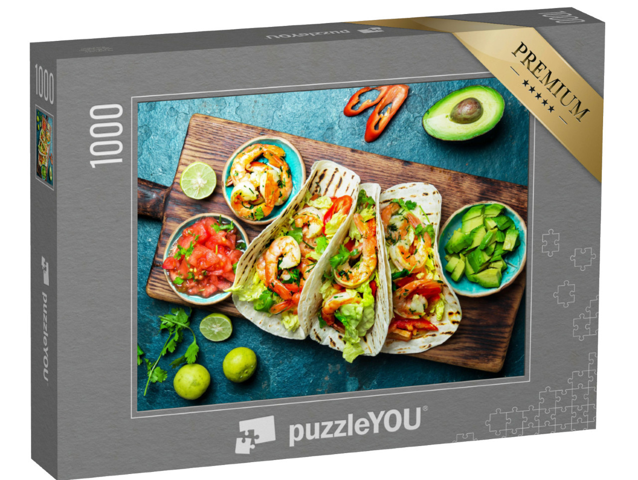 Puzzle 1000 Teile „Mexikanische Küche: Shrimps-Tacos mit Salsa, Gemüse und Avocado“