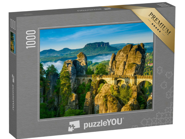 Puzzle 1000 Teile „Sonnenaufgang und Nebel an der Bastei, Sächsische Schweiz, Deutschland“