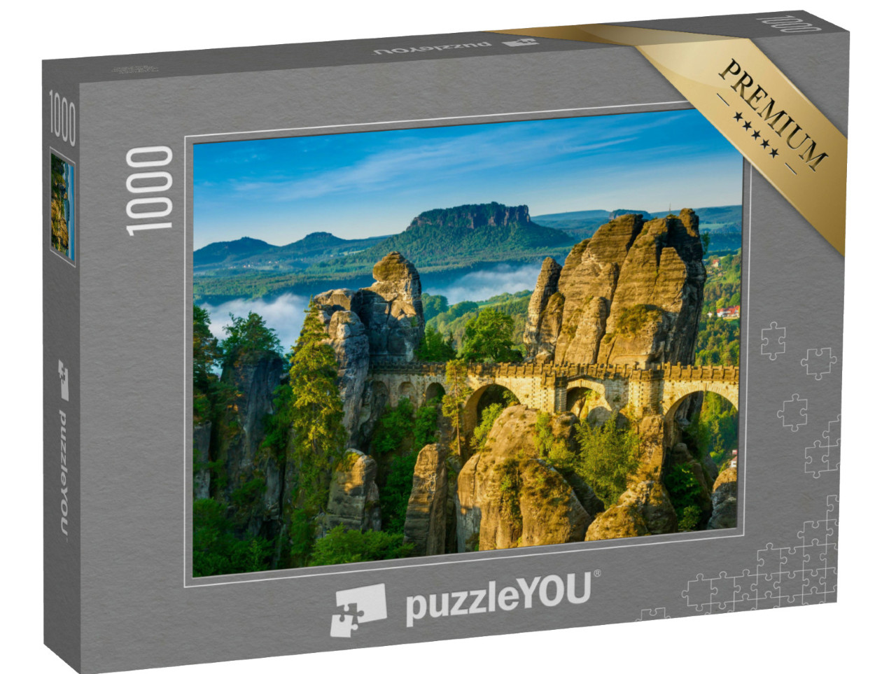 Puzzle 1000 Teile „Sonnenaufgang und Nebel an der Bastei, Sächsische Schweiz, Deutschland“