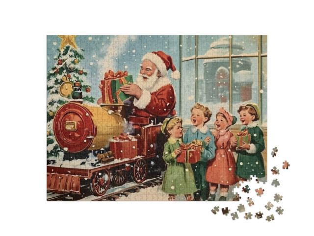 Puzzle 1000 Teile „Vintage Weihnachtsmotiv: Weihnachtsmann mit singenden Kindern“