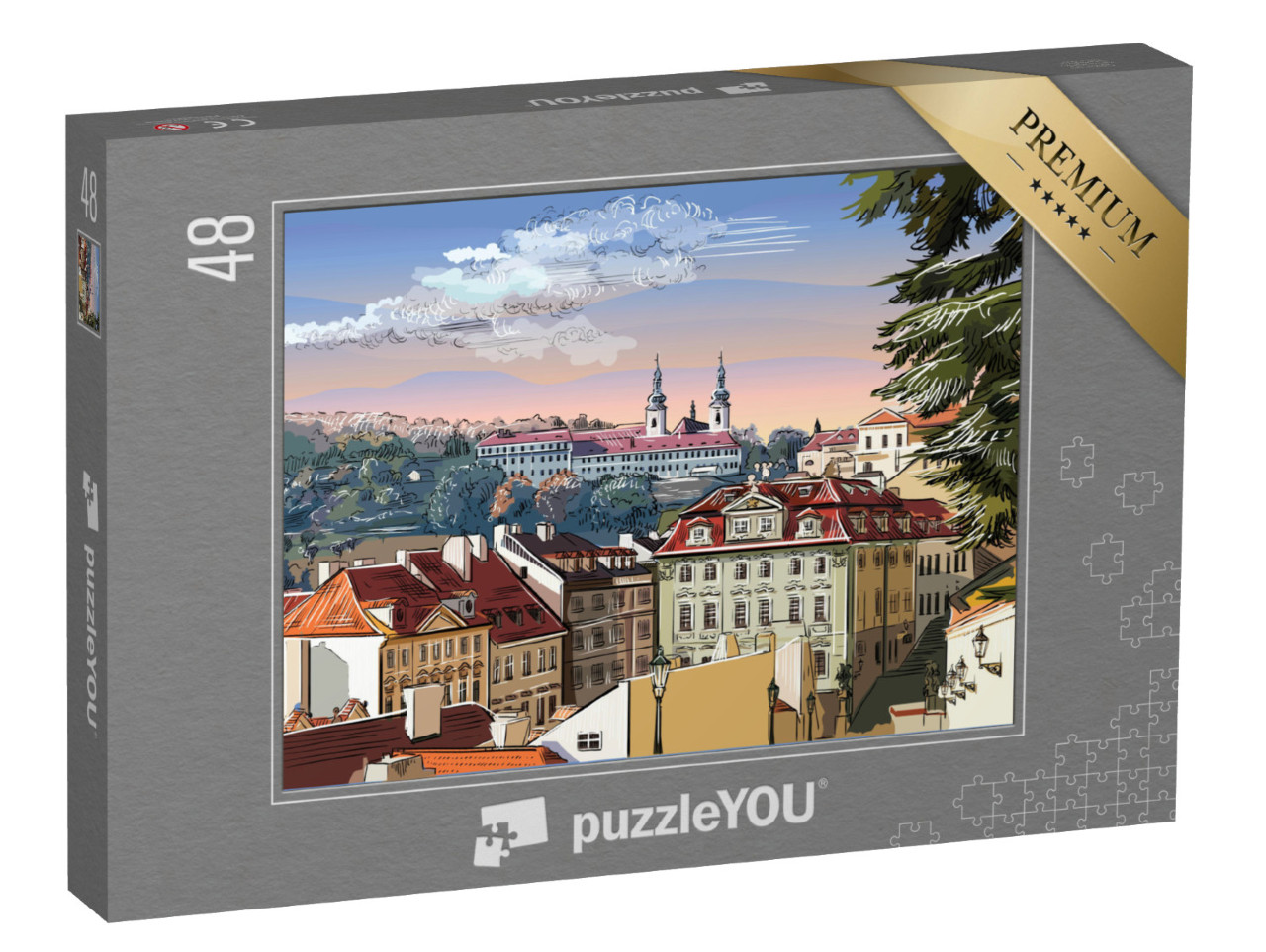 Puzzle 48 Teile „Panorama-Stadtbild von Prag mit Vektor-Handzeichnung, Tschechische Republik“