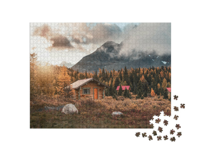 Puzzle 1000 Teile „Holzhüttenim Wald im Assiniboine Provincial Park, Kanada“