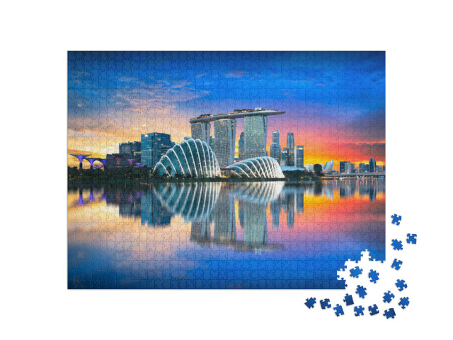 Puzzle 1000 Teile „Singapur: Skyline der Stadt im Abendlicht“