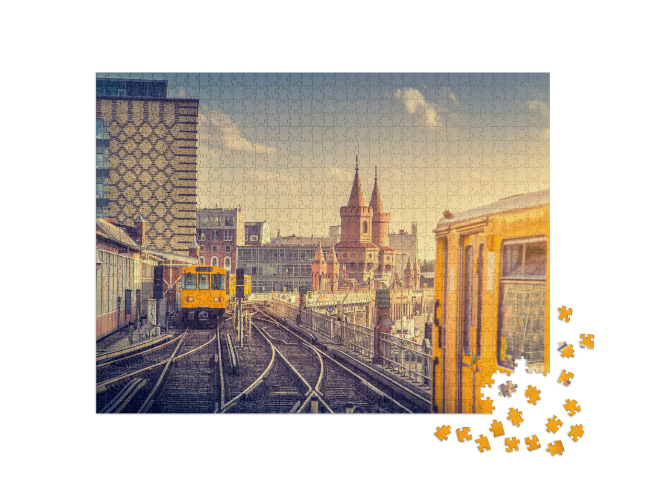 Puzzle 1000 Teile „Berliner U-Bahn mit Oberbaumbrücke bei Sonnenuntergang, Deutschland“