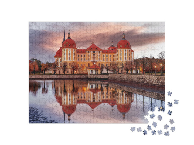 Puzzle 1000 Teile „Malerische Szene mit dramatischem Himmel, Schloss Moritzburg, Sachsen“