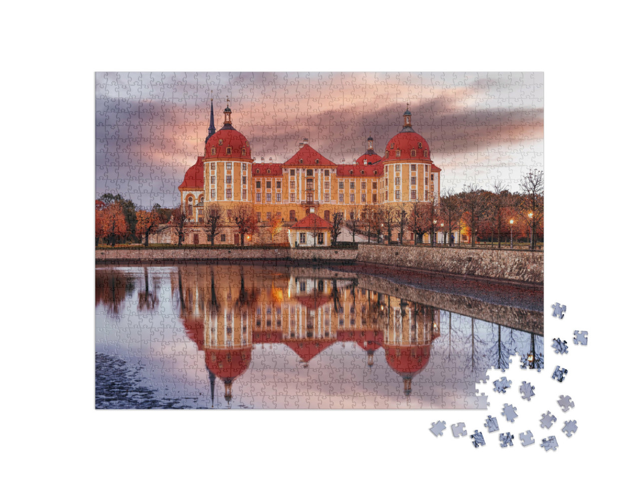 Puzzle 1000 Teile „Malerische Szene mit dramatischem Himmel, Schloss Moritzburg, Sachsen“