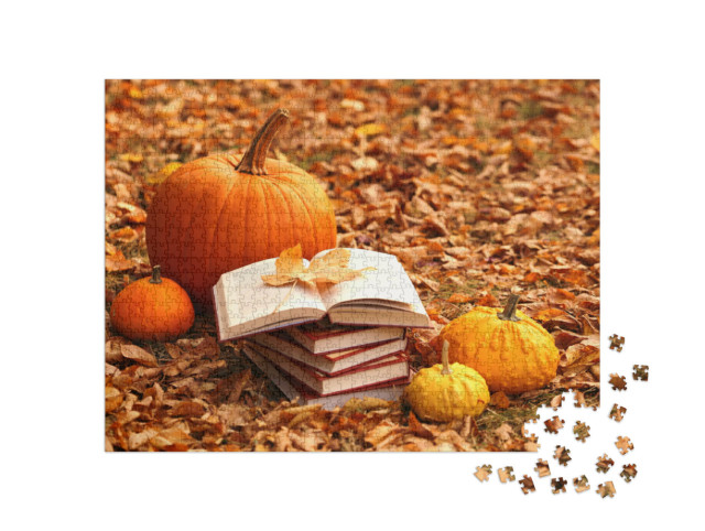 Puzzle 1000 Teile „Herbstliche Szene mit Büchern und Kürbissen“