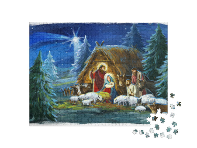 Puzzle 1000 Teile „Traditionelle Weihnachtsszene mit der heiligen Familie und Tieren“
