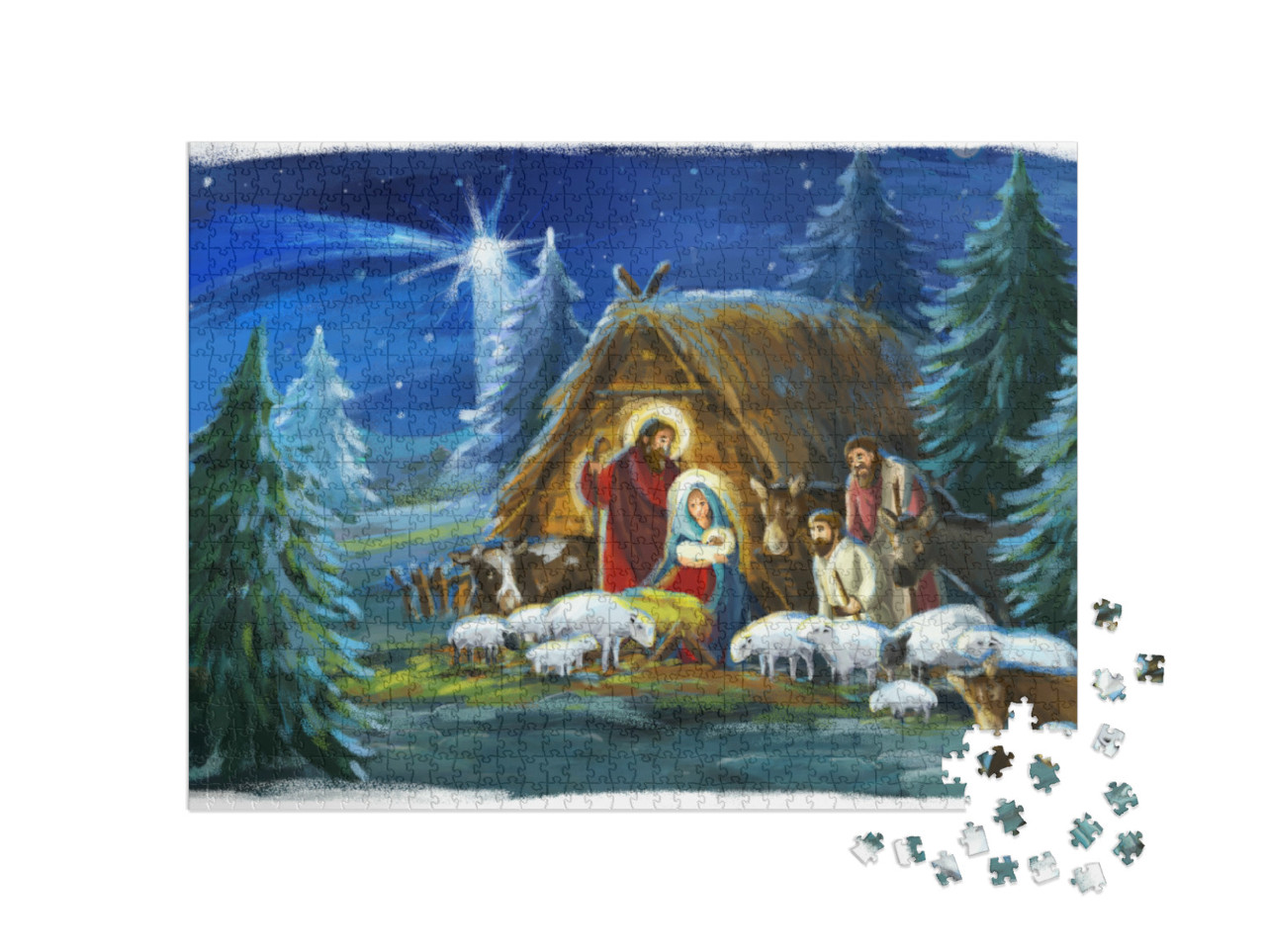 Puzzle 1000 Teile „Traditionelle Weihnachtsszene mit der heiligen Familie und Tieren“