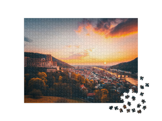 Puzzle 1000 Teile „Blick über Heidelberg im glühenden Sonnenuntergang“