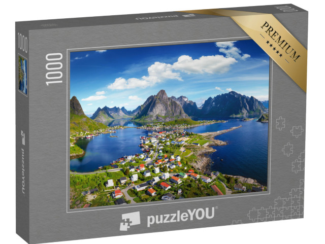 Puzzle 1000 Teile „Dorf Reine unter einem sonnigen, blauen Himmel, Lofoten, Norwegen“