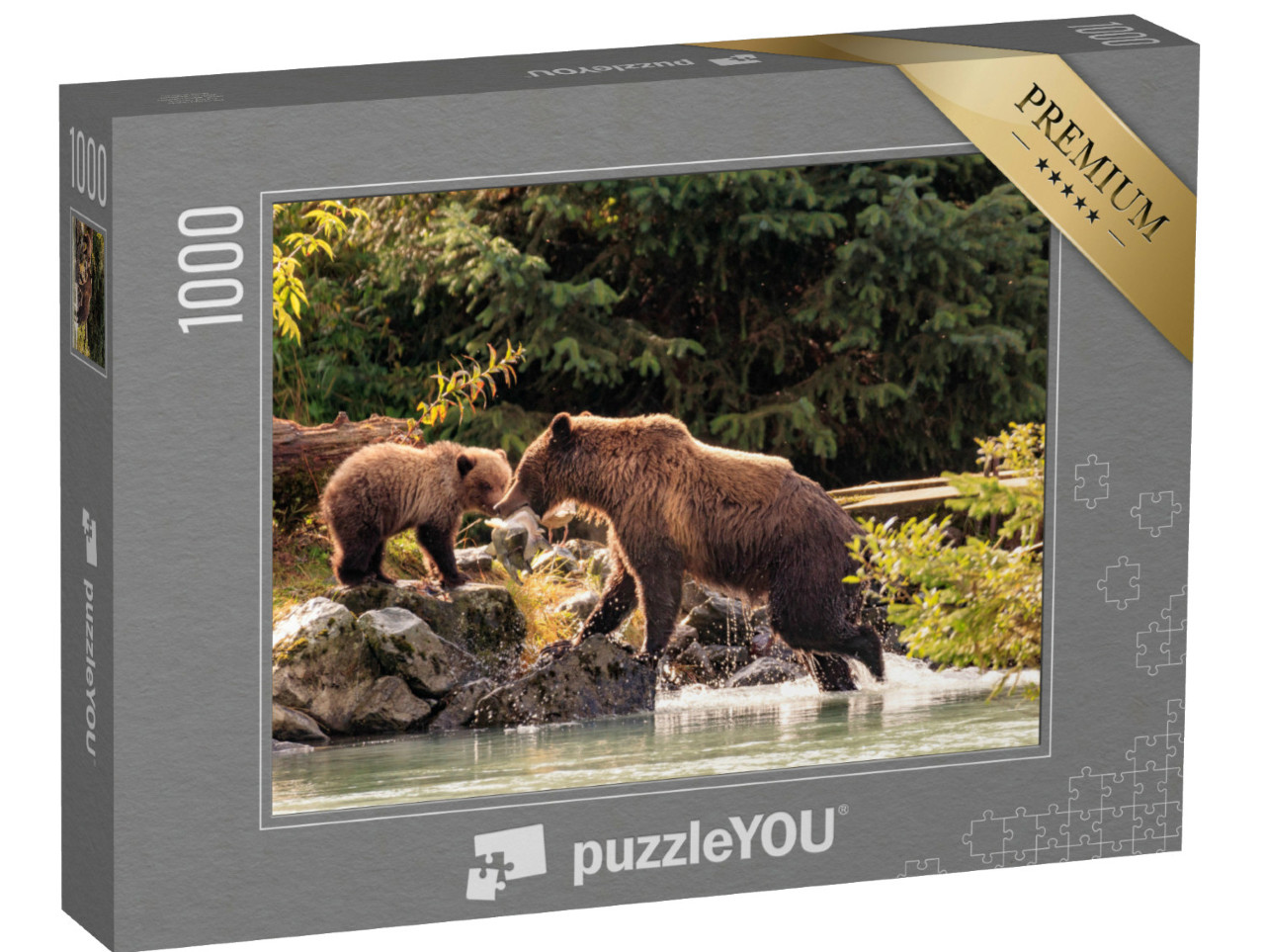 Puzzle 1000 Teile „Bärenmutter beim Fischen mit ihren Jungen, Alaska“
