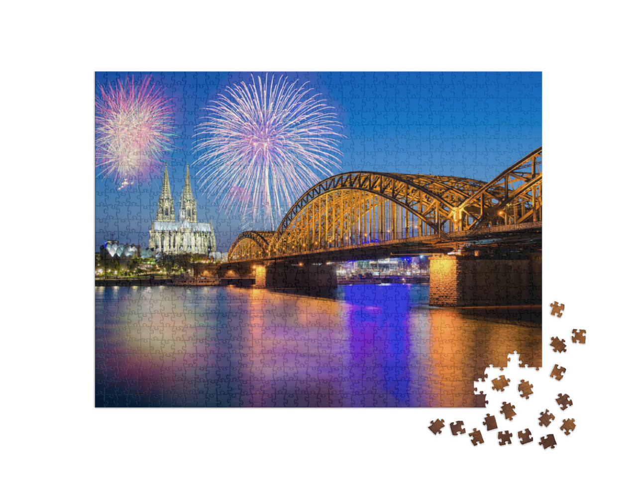 Puzzle 1000 Teile „Silvesterfeuerwerk am Kölner Dom mit Hohenzollernbrücke“