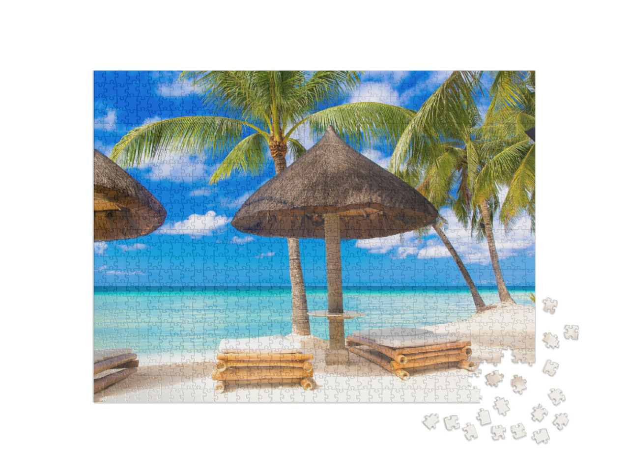 Puzzle 1000 Teile „Sonnenschirm und Strandliegen unter den Palmen am tropischen Strand“
