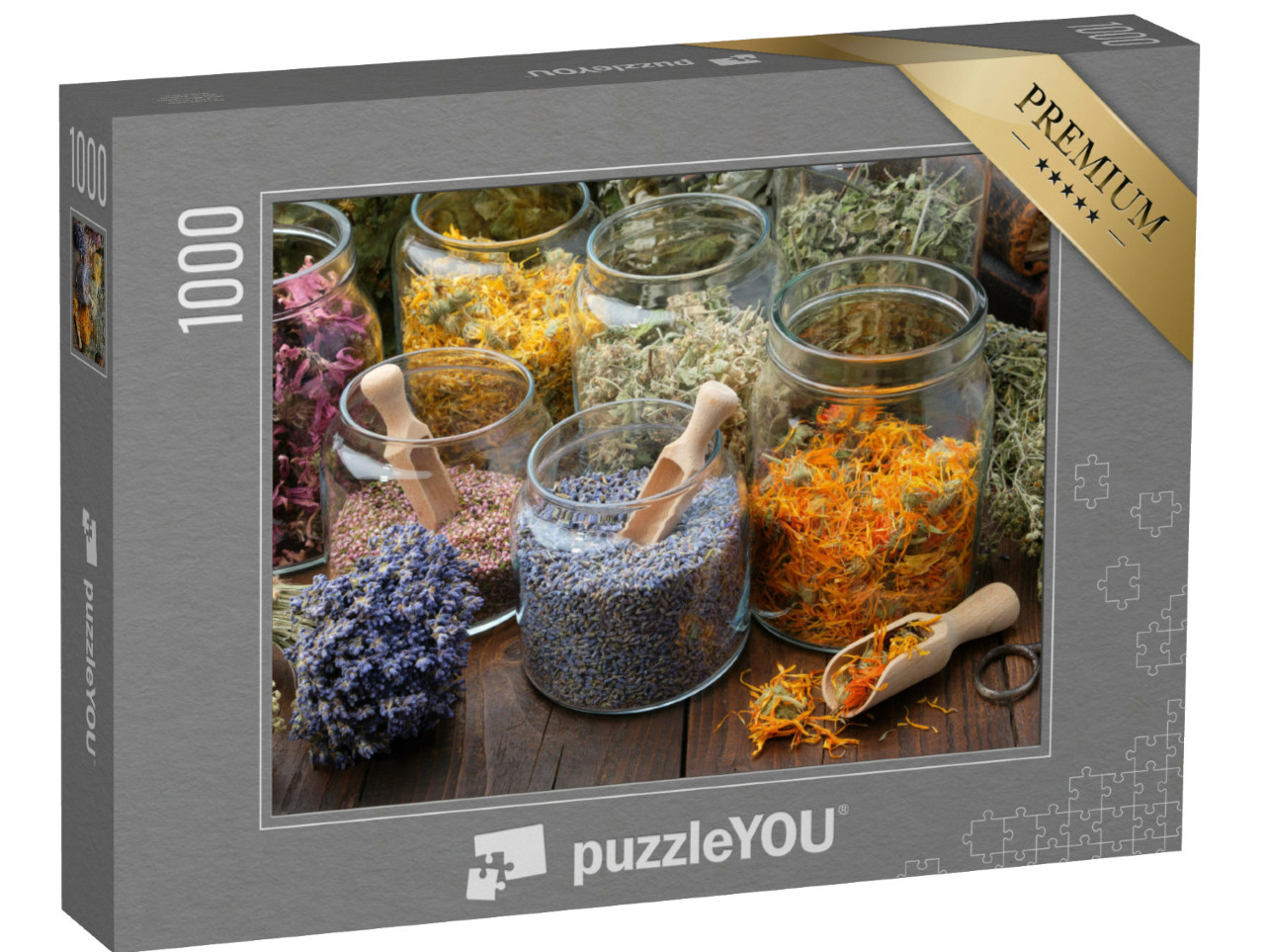 Puzzle 1000 Teile „Glasgefäße mit getrockneten Lavendel- und Ringelblumenblüten“