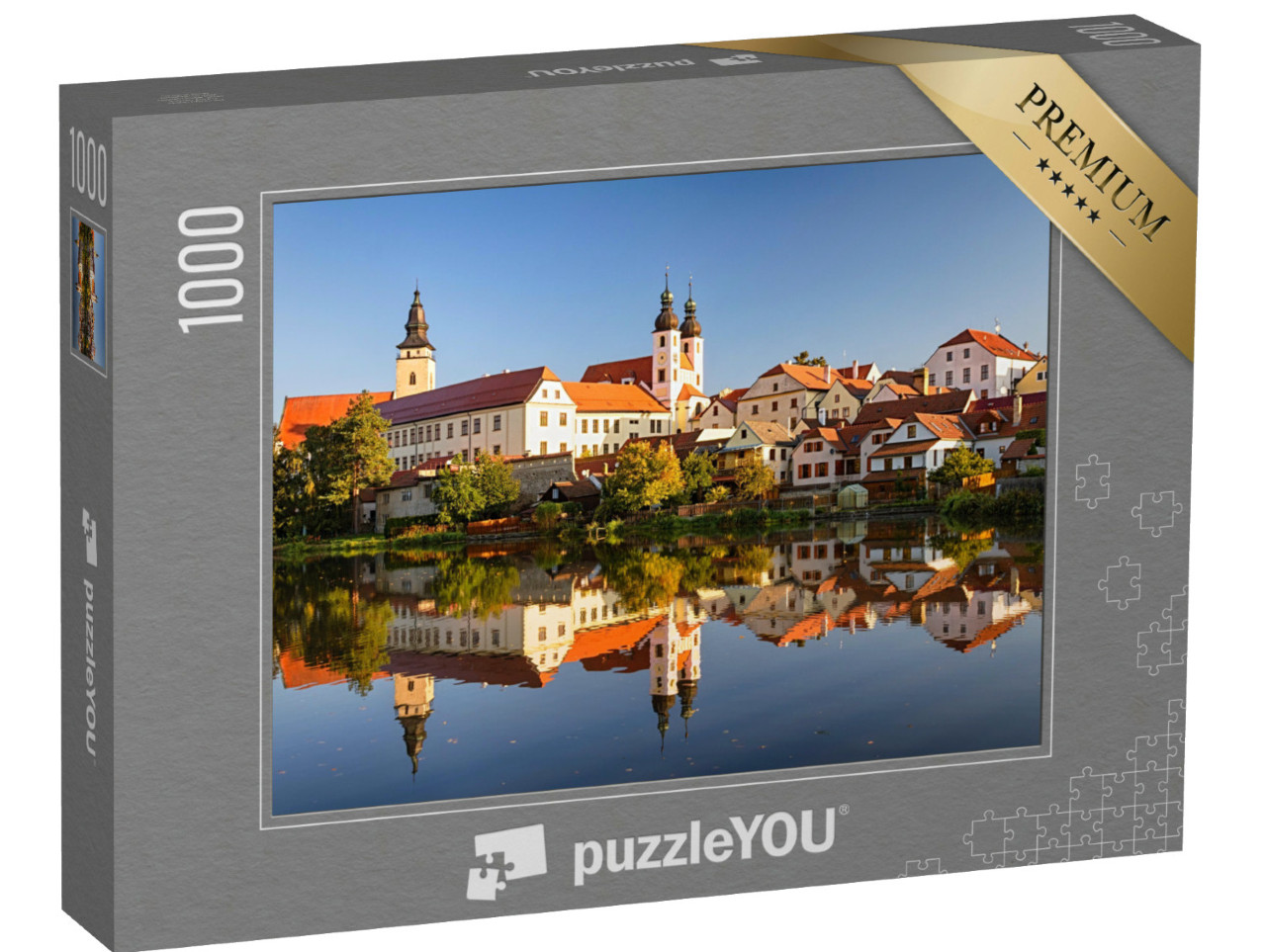 Puzzle 1000 Teile „Blick auf Telc über den Teich mit Reflexionen, Südmähren, Tschechische Republik“