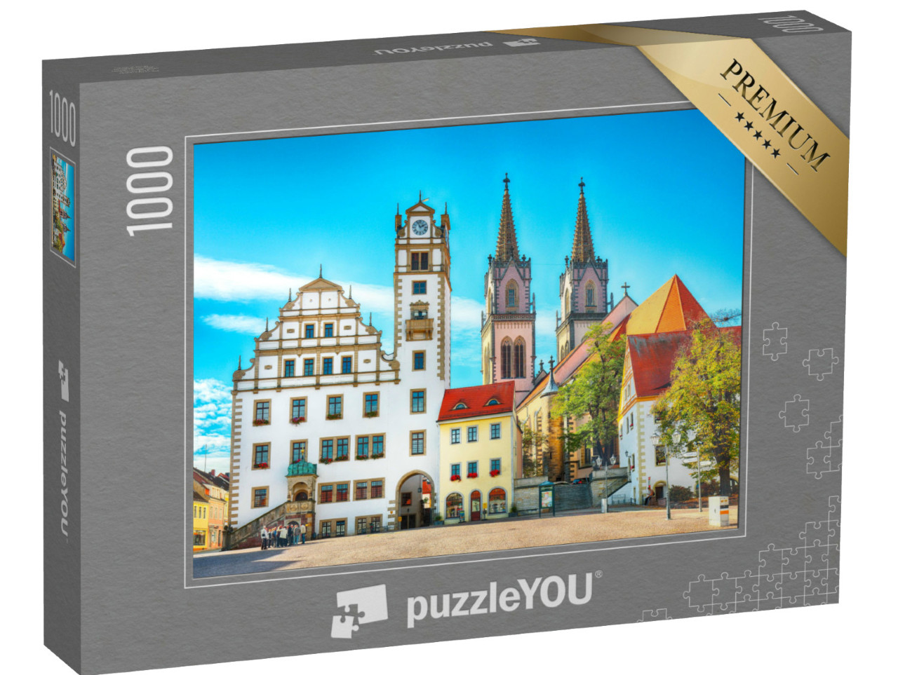 Puzzle 1000 Teile „Stadtbild des Oschatzer Hauptplatzes mit Stadtverwaltung und St. Aegidien, Sachsen“