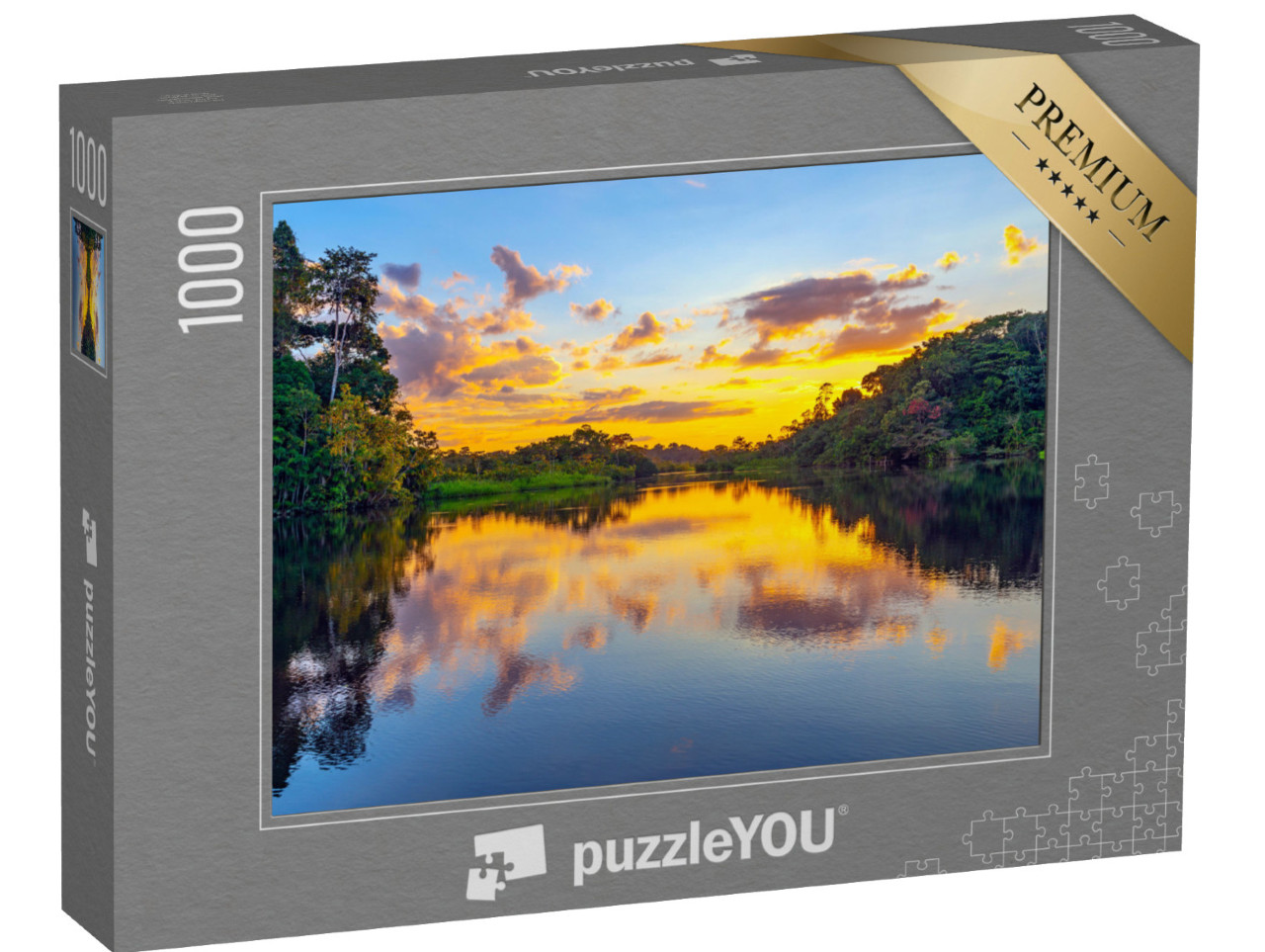 Puzzle 1000 Teile „Magischer Sonnenuntergang: Farbenspiel im Regenwald des Amazonas“